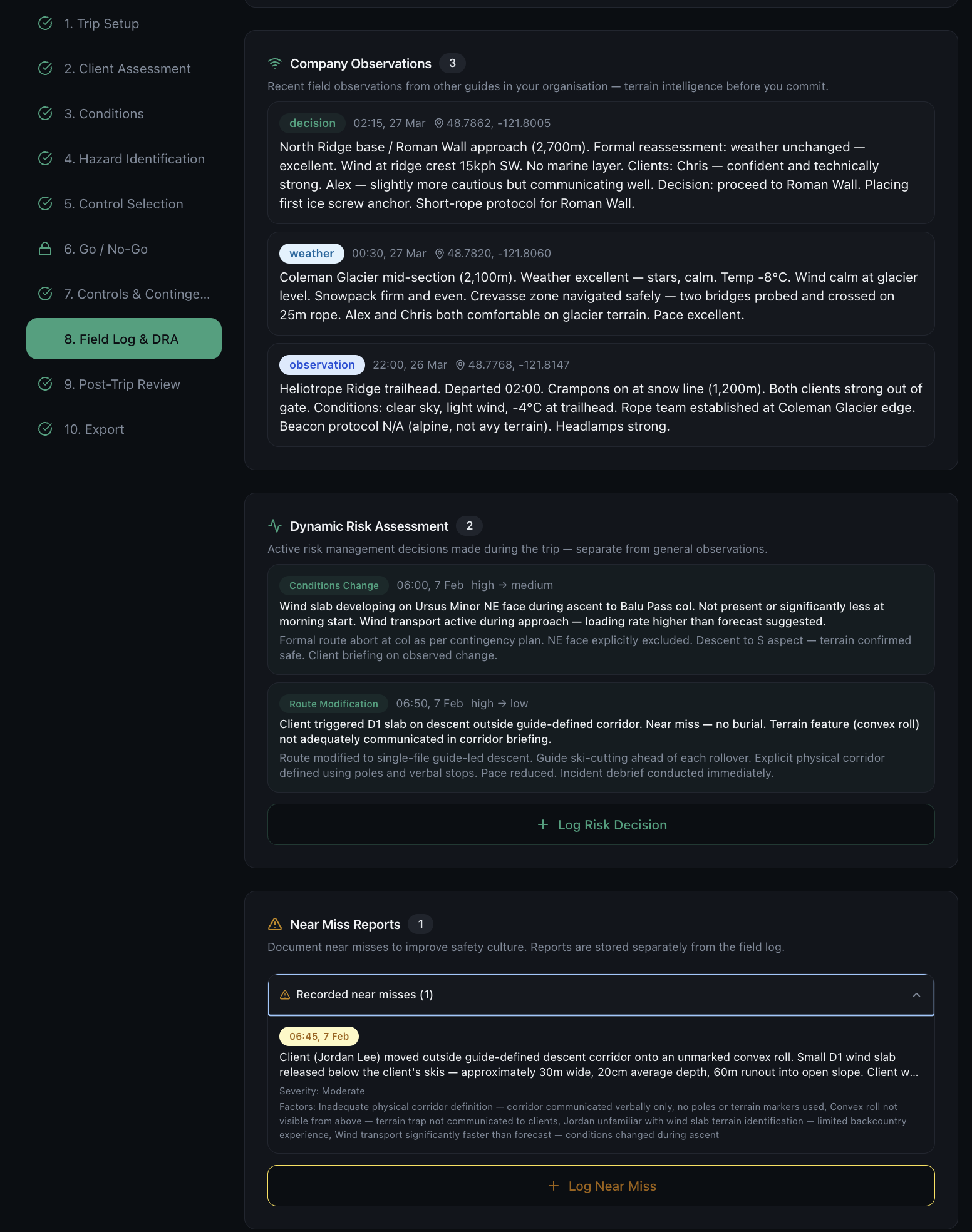 Company observations, DRA and near-miss register in Ascents